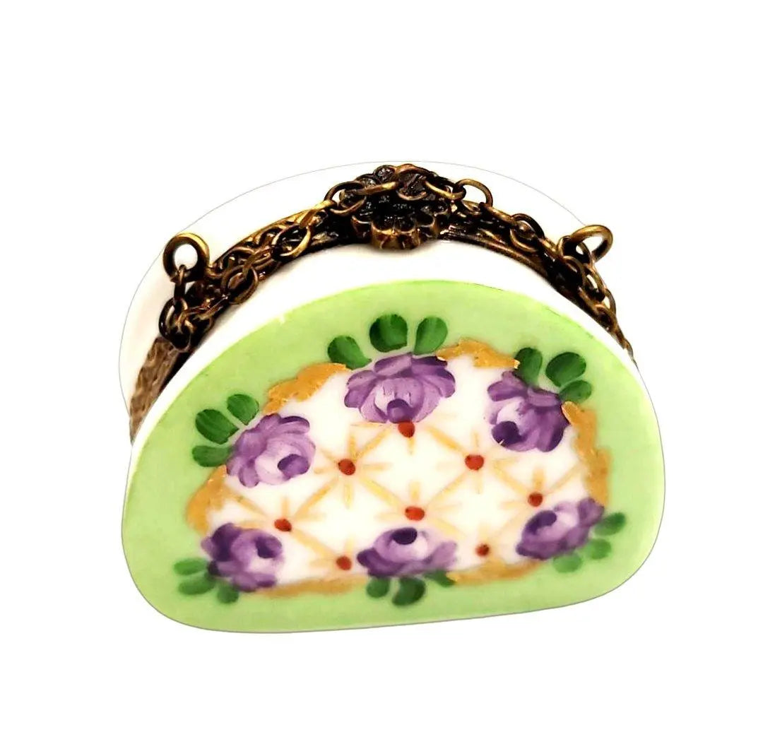 Green Purse Purple Roses Antiqued Brass Limoges Box, view 3
