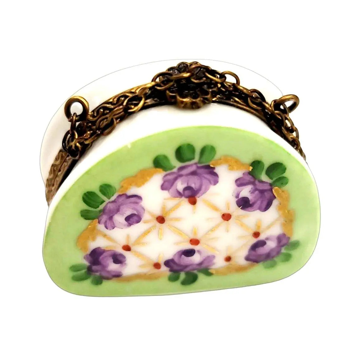 Green Purse Purple Roses Antiqued Brass Limoges Box, a hand-painted Limoges porcelain gift