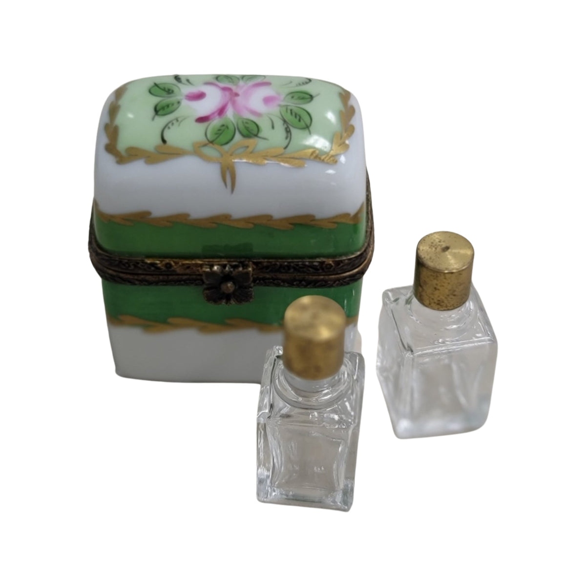 Artisan-painted 2 Perfume Green Roses Limoges box from France, a cherished collectible
