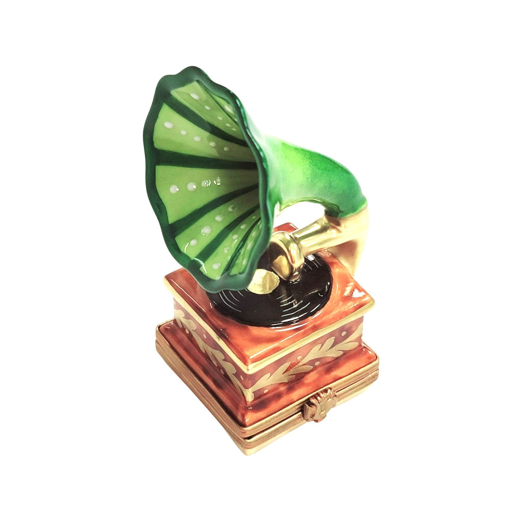 Green Victrola Record Player Limoges, a hand-painted Limoges porcelain gift