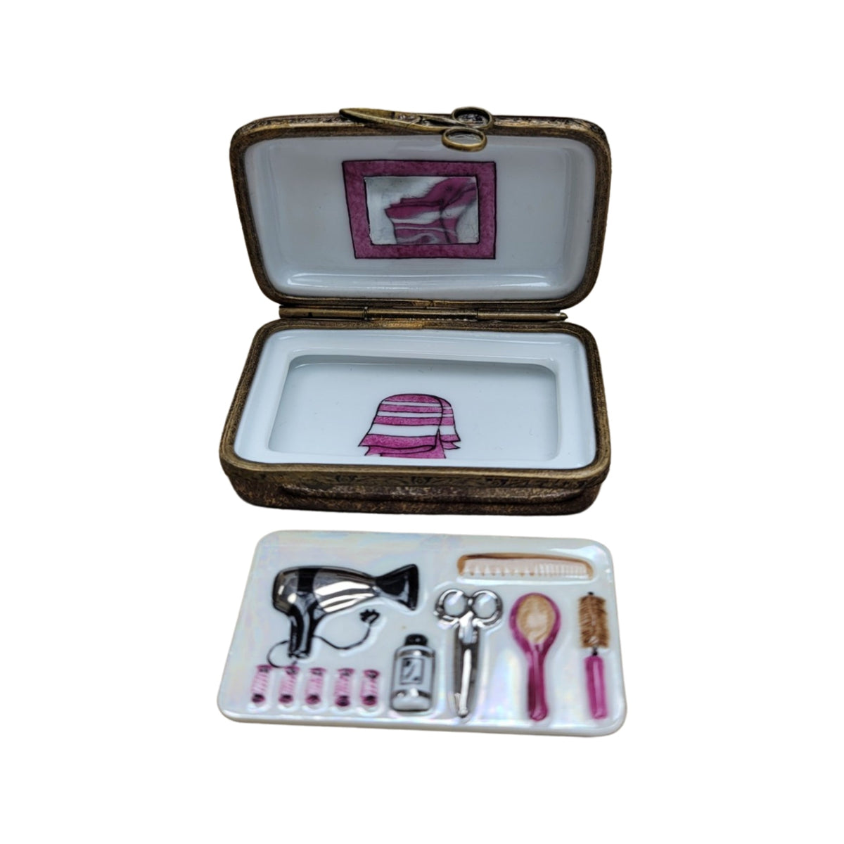 Hair Dresser Case Blow Dryer Limoges Box Figurine, view 3
