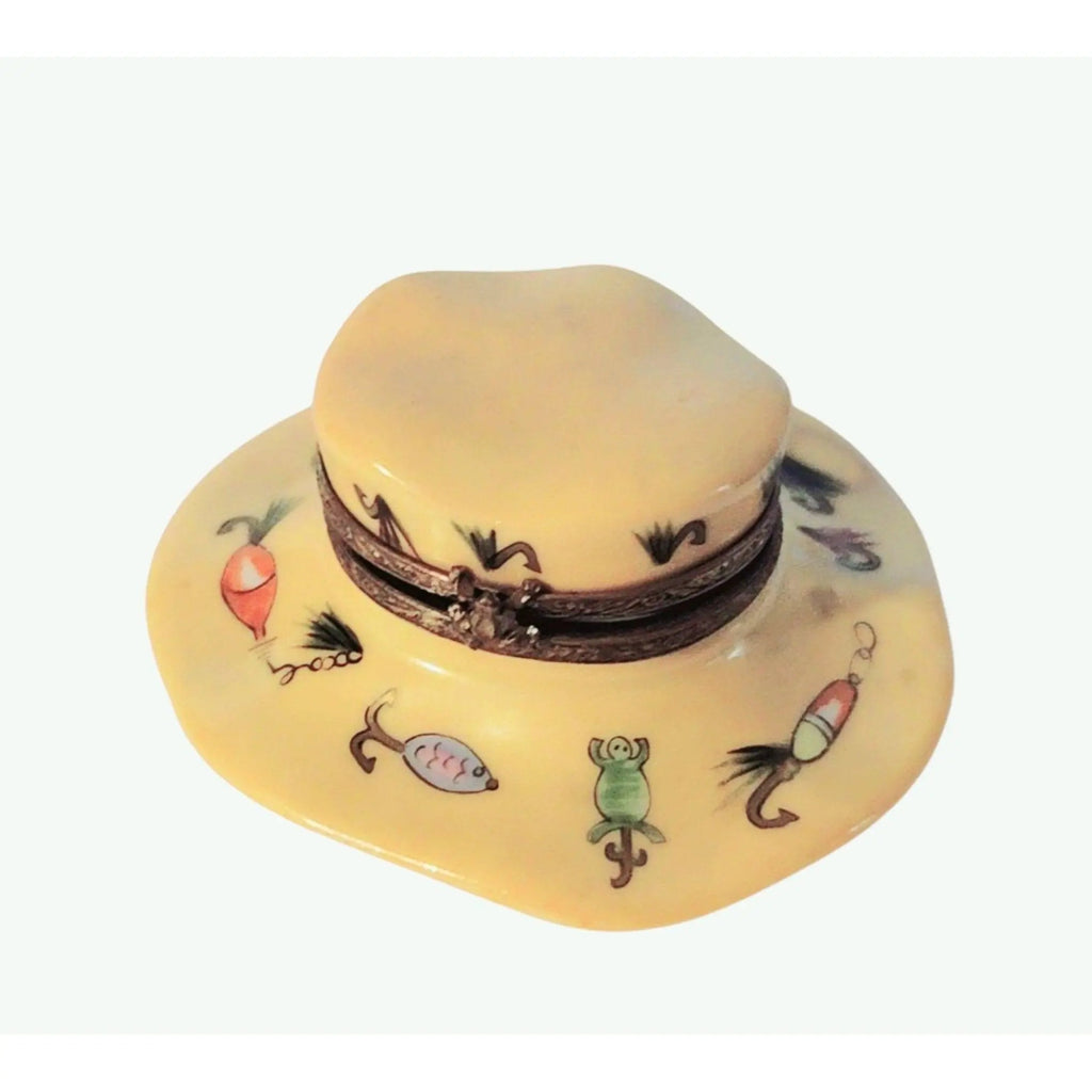 Fishing Hat Lure Painted Firsherman Limoges Box Figurine, a hand-painted Limoges porcelain gift
