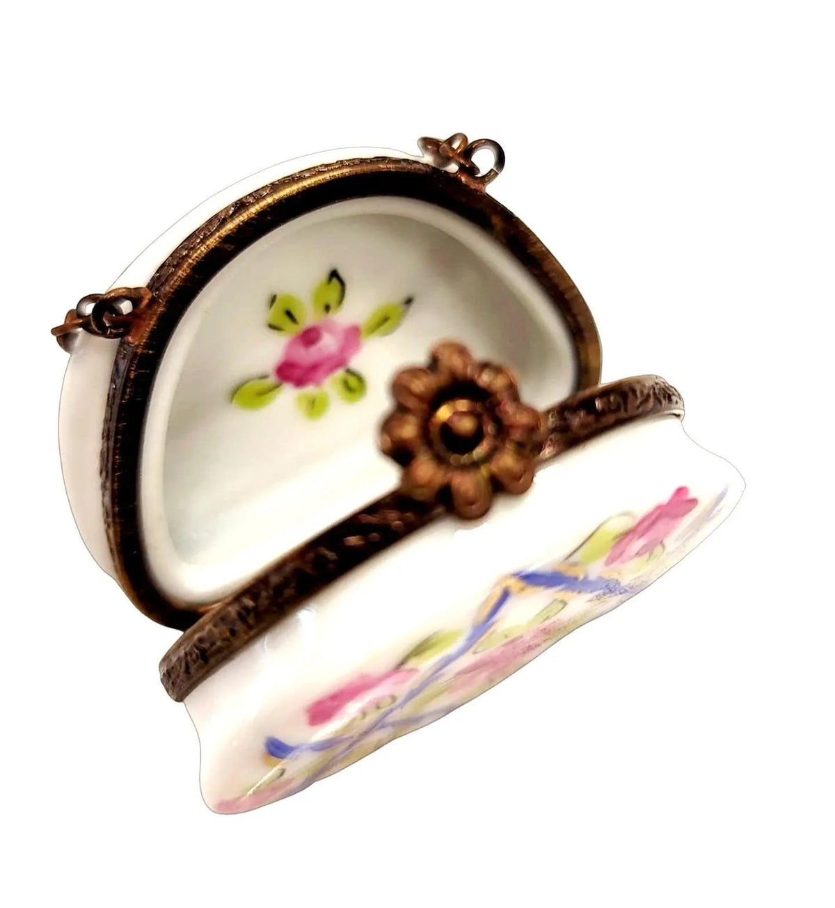 Painted details on the Blue Purse Roses: Special Antiqued Brass Limoges box, French art in miniature
