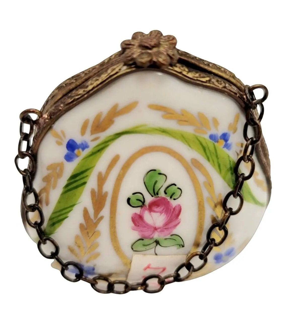 Authentic Purse Golf Green Flower Limoges box, hand-painted in France, from Limoges Boutique