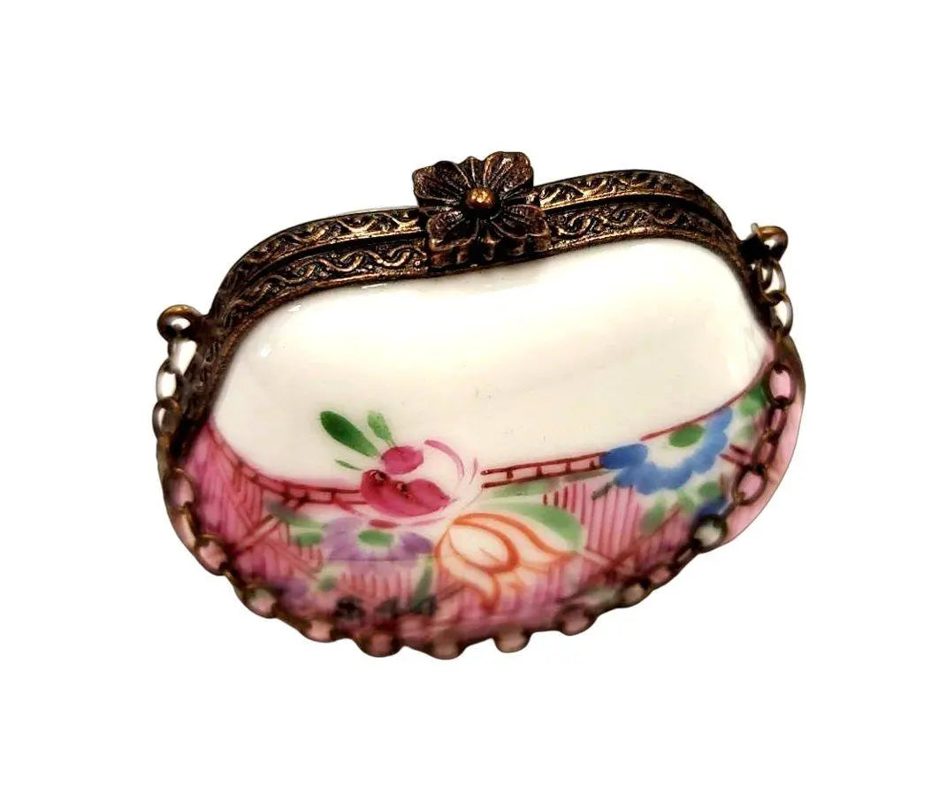 Limoges Boutique presents the Pink Purse Flowers with Special Brass, a genuine Limoges box painted by hand in France