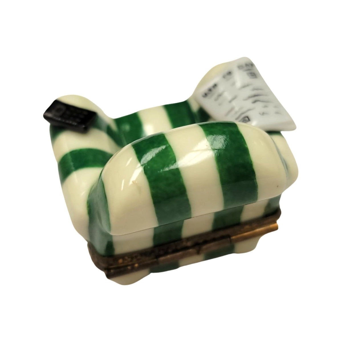 Happy Retirement Green Chair Newspaper Limoges box, an heirloom-quality piece for collectors