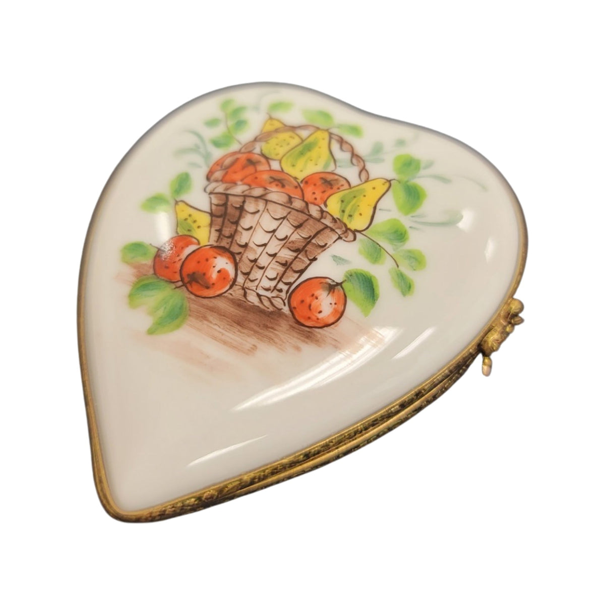 Fruit Basket Heart Limoges Porcelain Art Object, a hand-painted Limoges porcelain gift