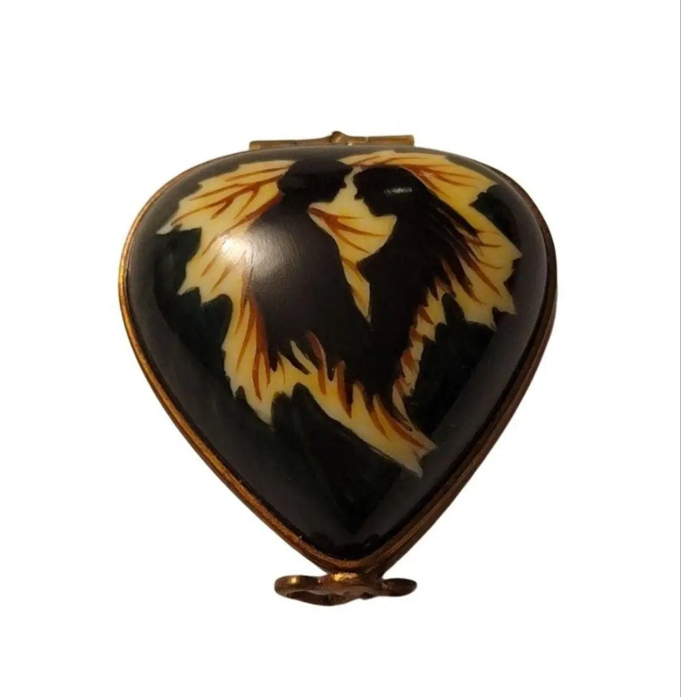 Treasured French collectible: Man Woman Love Passion Fire Heart Limoges box, painted by hand