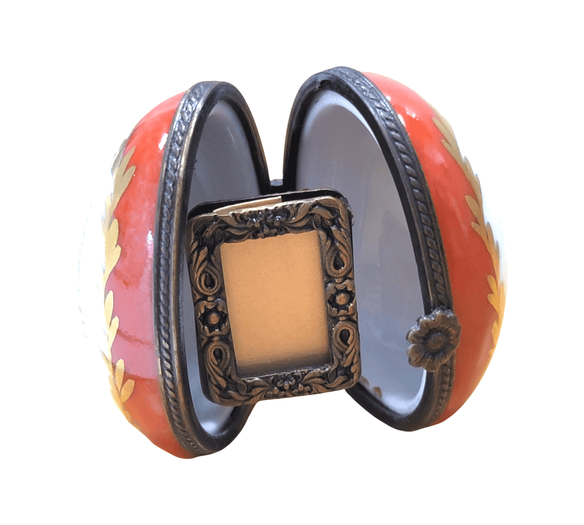 Fine French craftsmanship on the Holly Egg Picture Frame Inside Oval Limoges box, painted by hand