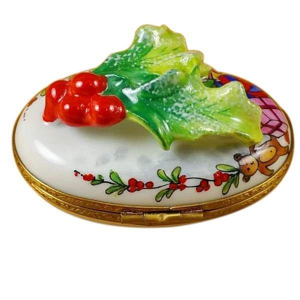 Hand-painted Holly Leaf on Oval Limoges box, French artistry for lovers of fine art