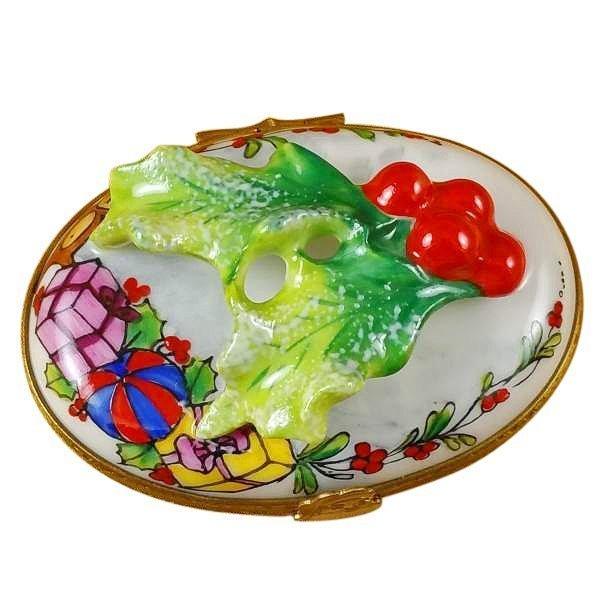 Holly Leaf on Oval Limoges box painted by hand in Limoges, France, a gift to treasure