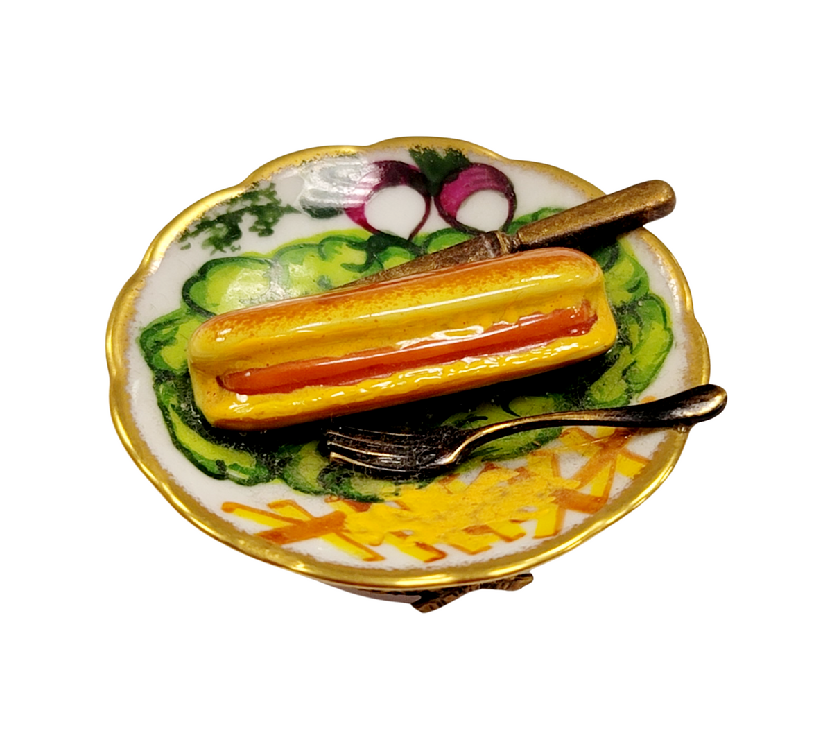 Hot Dog Fries on Plate Limoges Box Figurine Collectible, a hand-painted Limoges porcelain gift