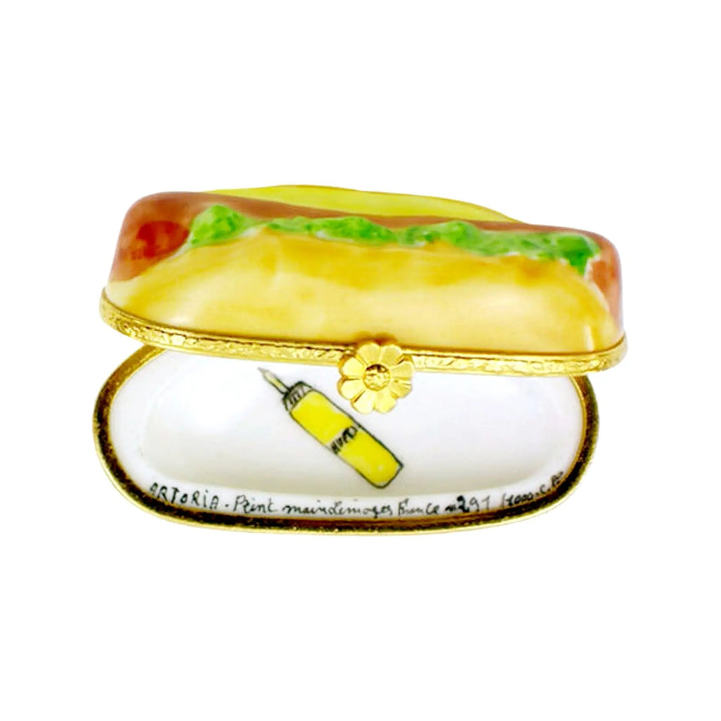 Painted details on the Hot Dog Limoges box, French art in miniature