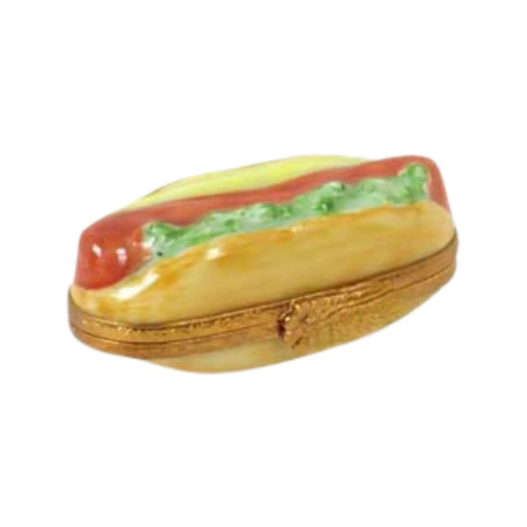 Artisan-painted Hot Dog Limoges box from France, a cherished collectible