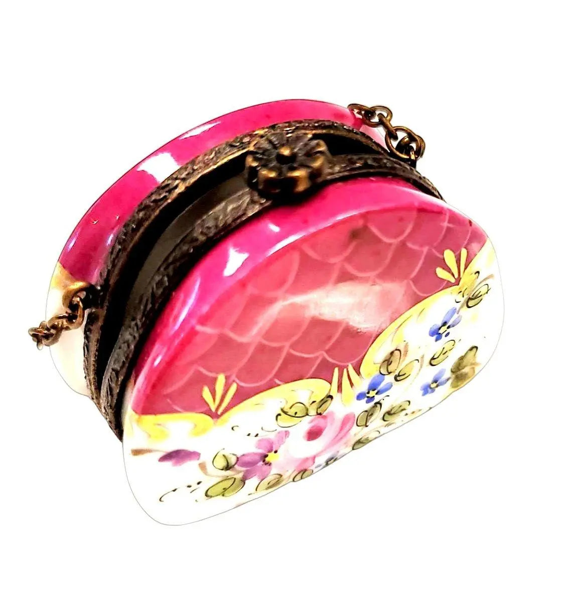 Every brushstroke by hand on the Hot Pink Purse with Flowers Brass Limoges box from France