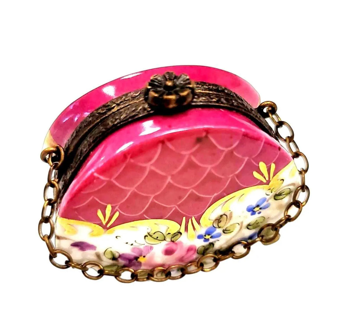 Genuine Hot Pink Purse with Flowers Brass Limoges box painted by hand in France, from Limoges Boutique