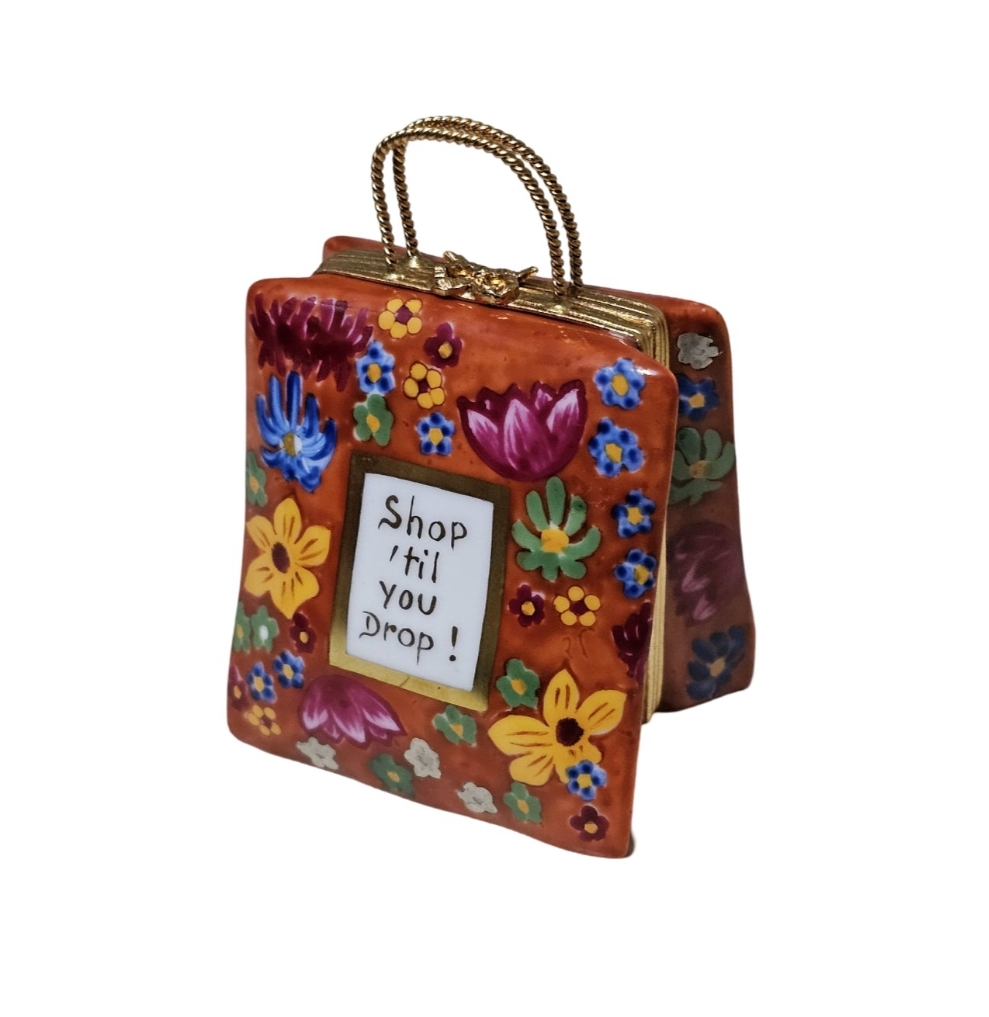 Shopping Bag Shop Till You Drop Limoges Box Floral, a hand-painted Limoges porcelain gift