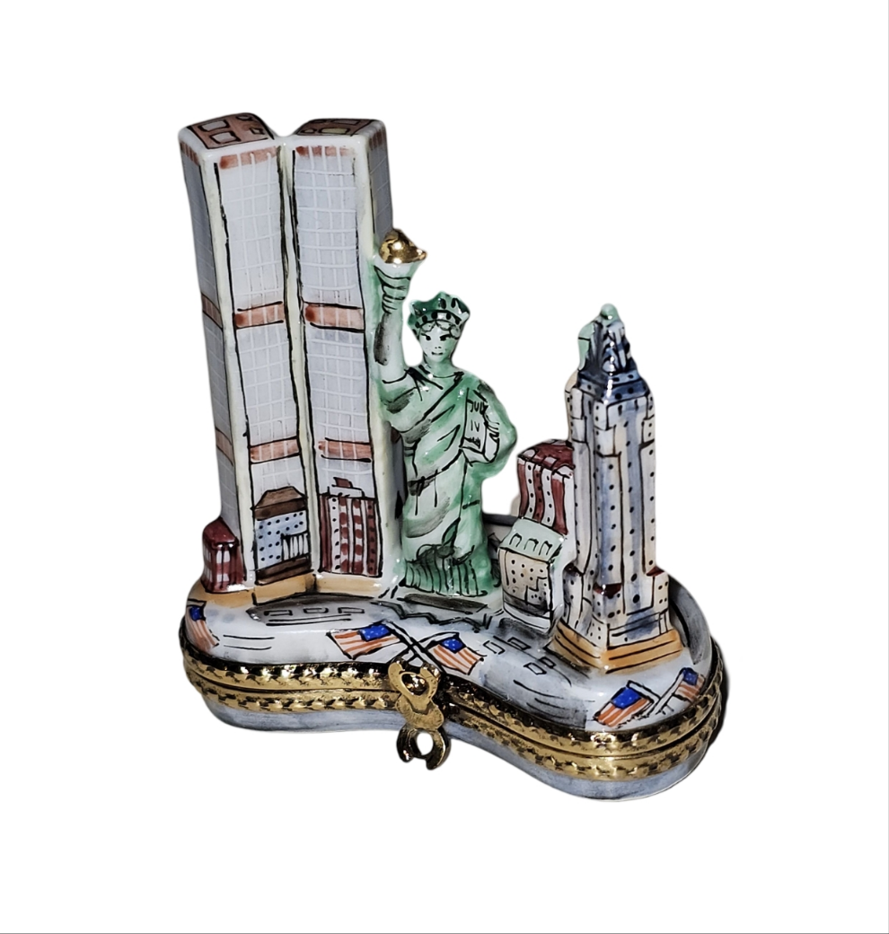 Old New York City Sky Line w World Trade Center NYC Limoges Box, a hand-painted Limoges porcelain gift