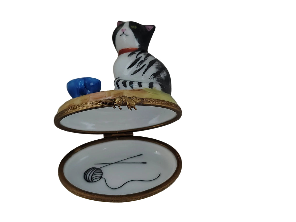 Cat w Blue Cup Limoges Box Figurine, view 2