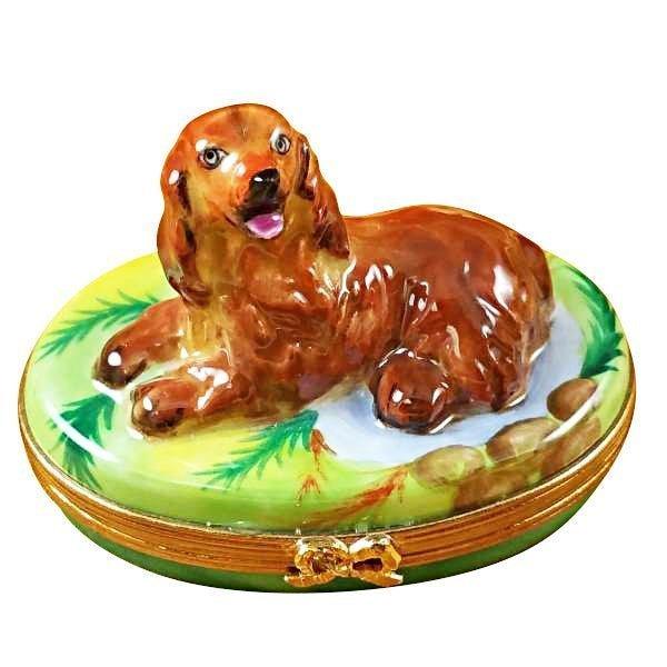 Limoges Boutique presents the Rochard Irish Setter, a genuine Limoges box painted by hand in France