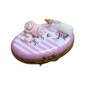 It's a Girl Baby Bottle Pink Figurine, a hand-painted Limoges porcelain gift