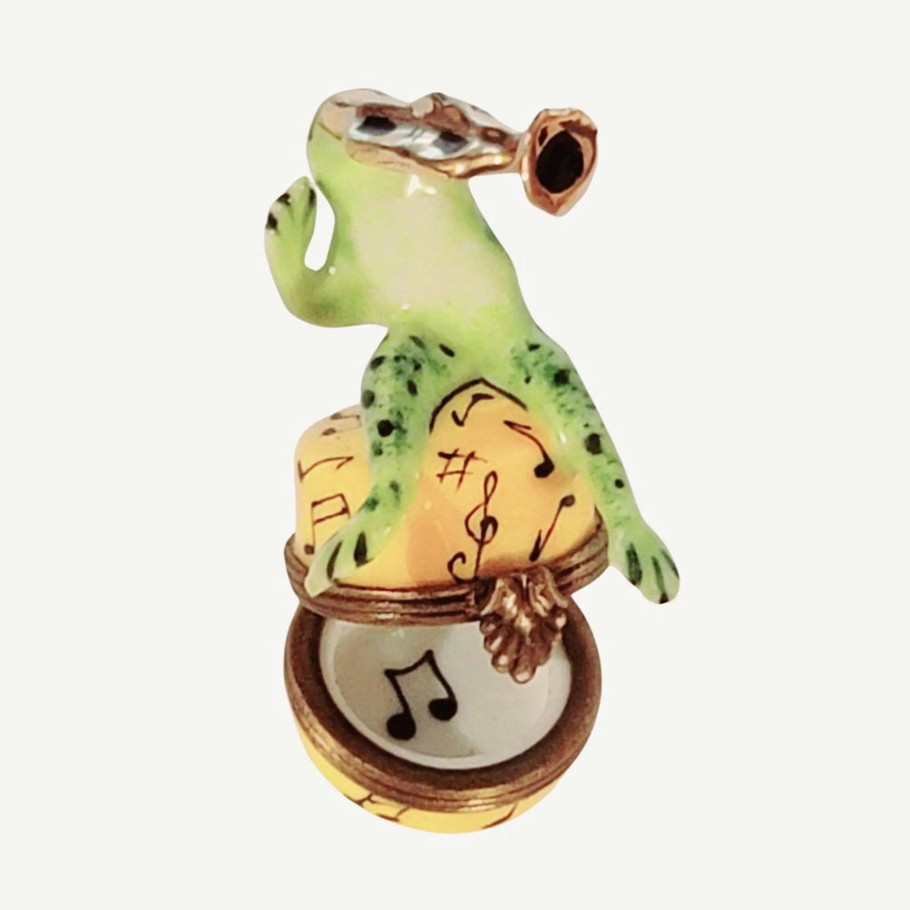 Fine French craftsmanship on the Jazz Frog Trumpet Limoges box, painted by hand