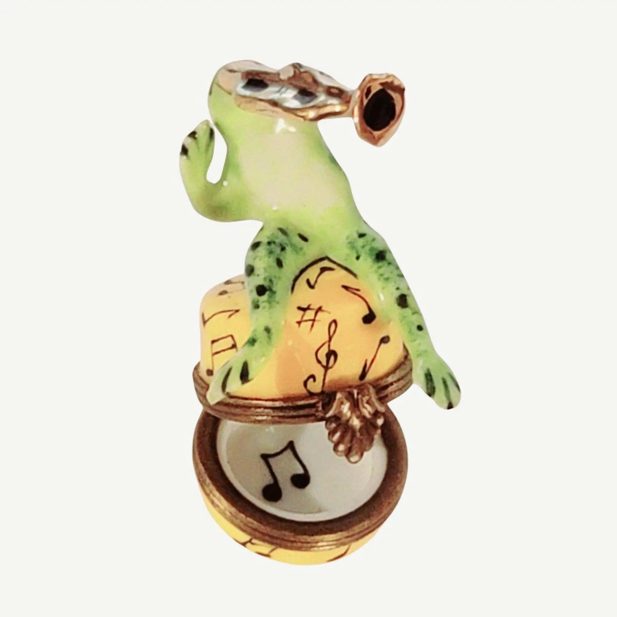 Fine French craftsmanship on the Jazz Frog Trumpet Limoges box, painted by hand