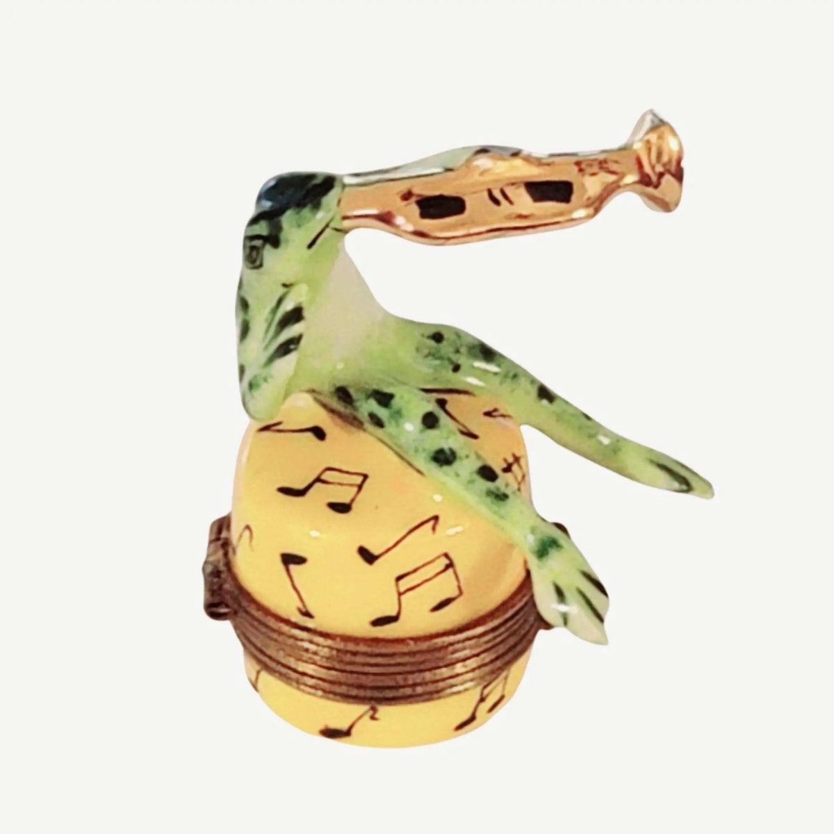 Painted details on the Jazz Frog Trumpet Limoges box, French art in miniature