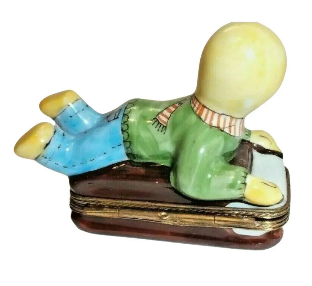 Kid on Sled Winter Sleigh Christmas Trees Limoges Box, view 4