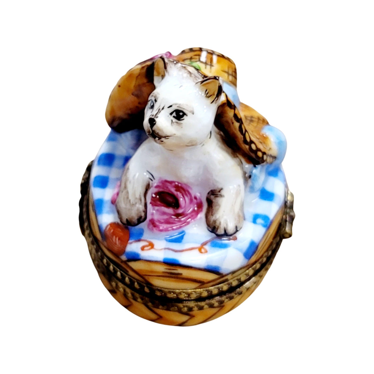 Collectible Kitty Cat Under Bonnet Hat Limoges box with artisan brushwork