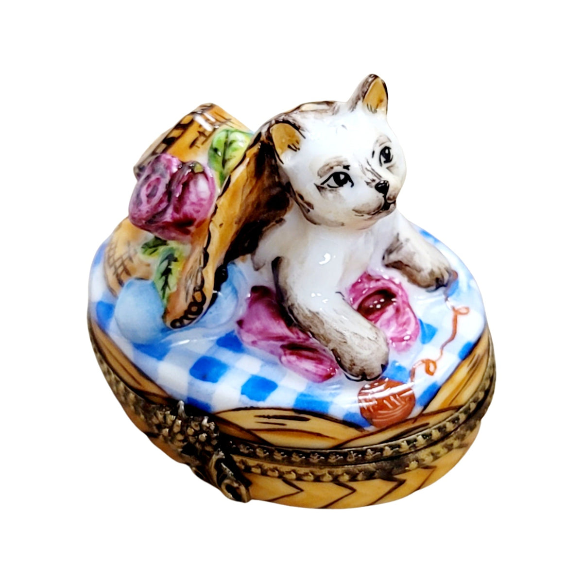 Limoges Boutique presents the Kitty Cat Under Bonnet Hat, a genuine Limoges box painted by hand in France