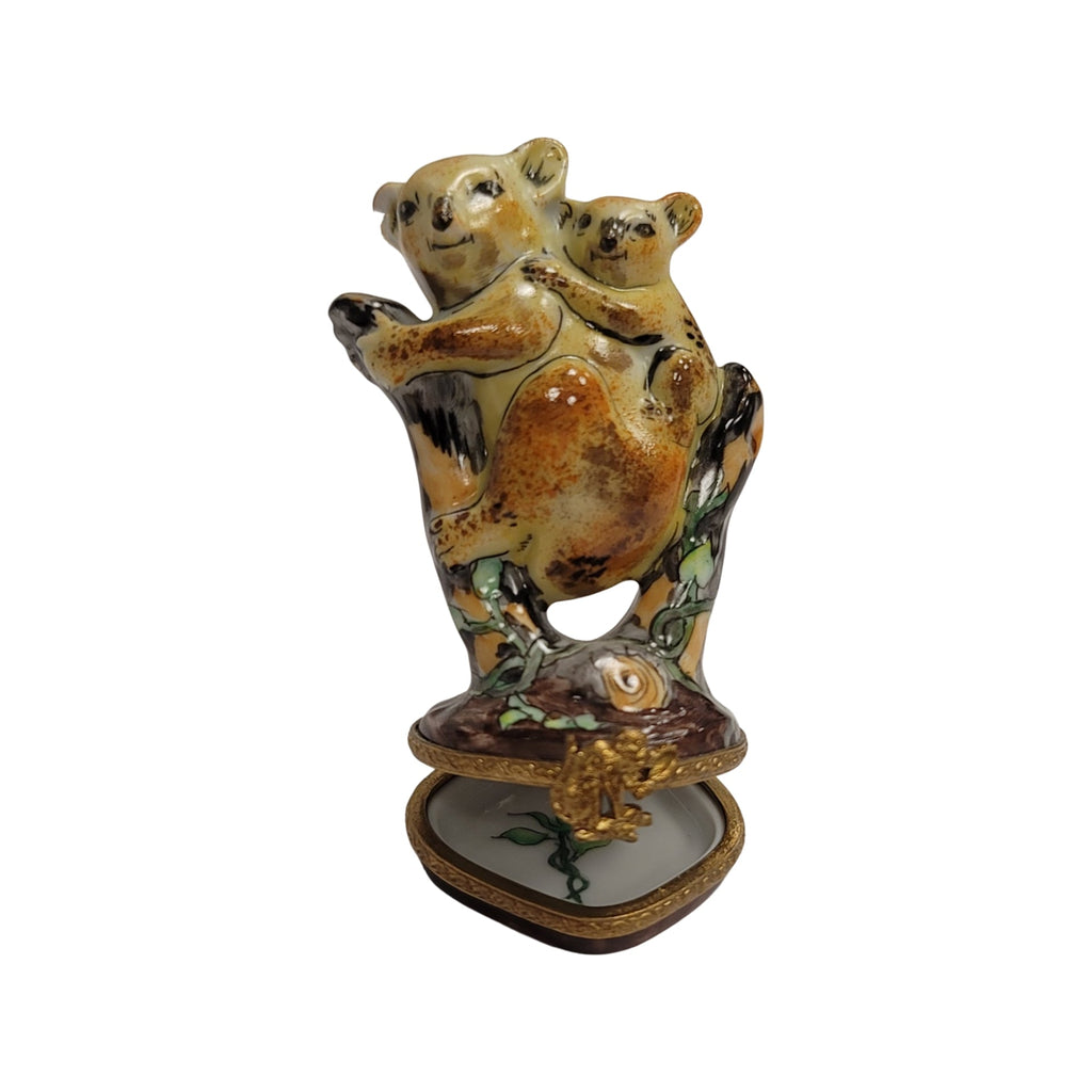 Mother koala and baby climbing a branch, side view of the hand-painted Limoges box