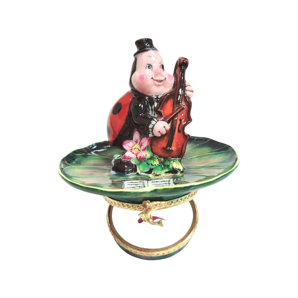 Lady Bug Playing Instrument on Lillypad Limoges Box Figurine, view 2