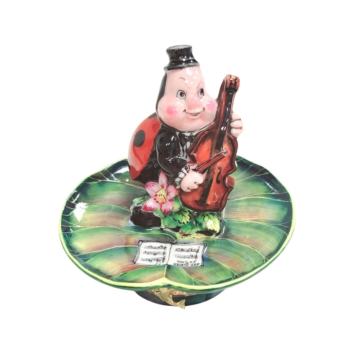 Lady Bug Playing Instrument on Lillypad Limoges Box Figurine, a hand-painted Limoges porcelain gift