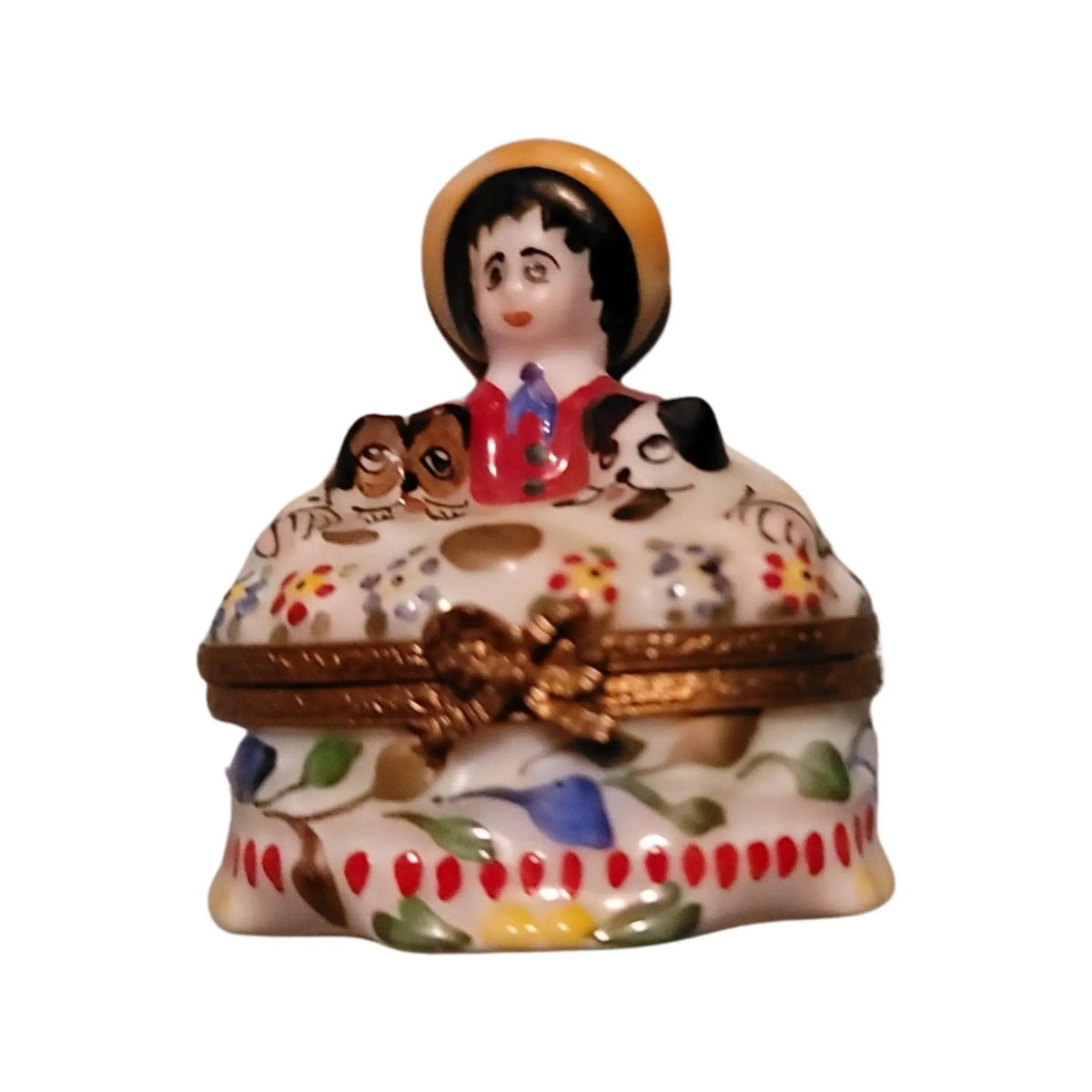 Collectible Large Lad with Puppies Set Limoges box with artisan brushwork