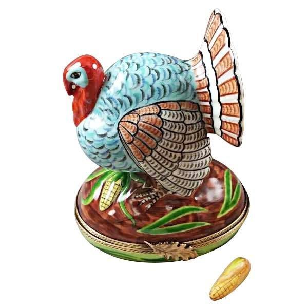 Large Turkey with Removable Ear of Corn Limoges Box, a hand-painted Limoges porcelain gift