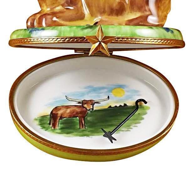 The painter's artistry shows on this Lazy Longhorn Bull with Star Branding Iron Limoges box