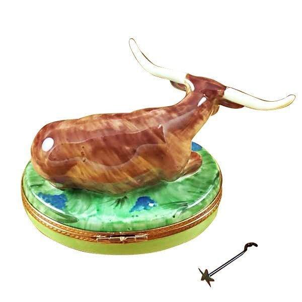 Treasured French collectible: Lazy Longhorn Bull with Star Branding Iron Limoges box, painted by hand