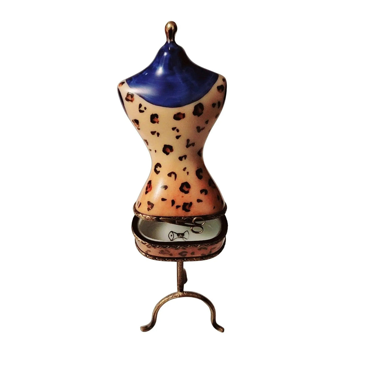 Fine art lovers will admire this Mannequin Leapard Blue Print Fashion Dress Limoges box
