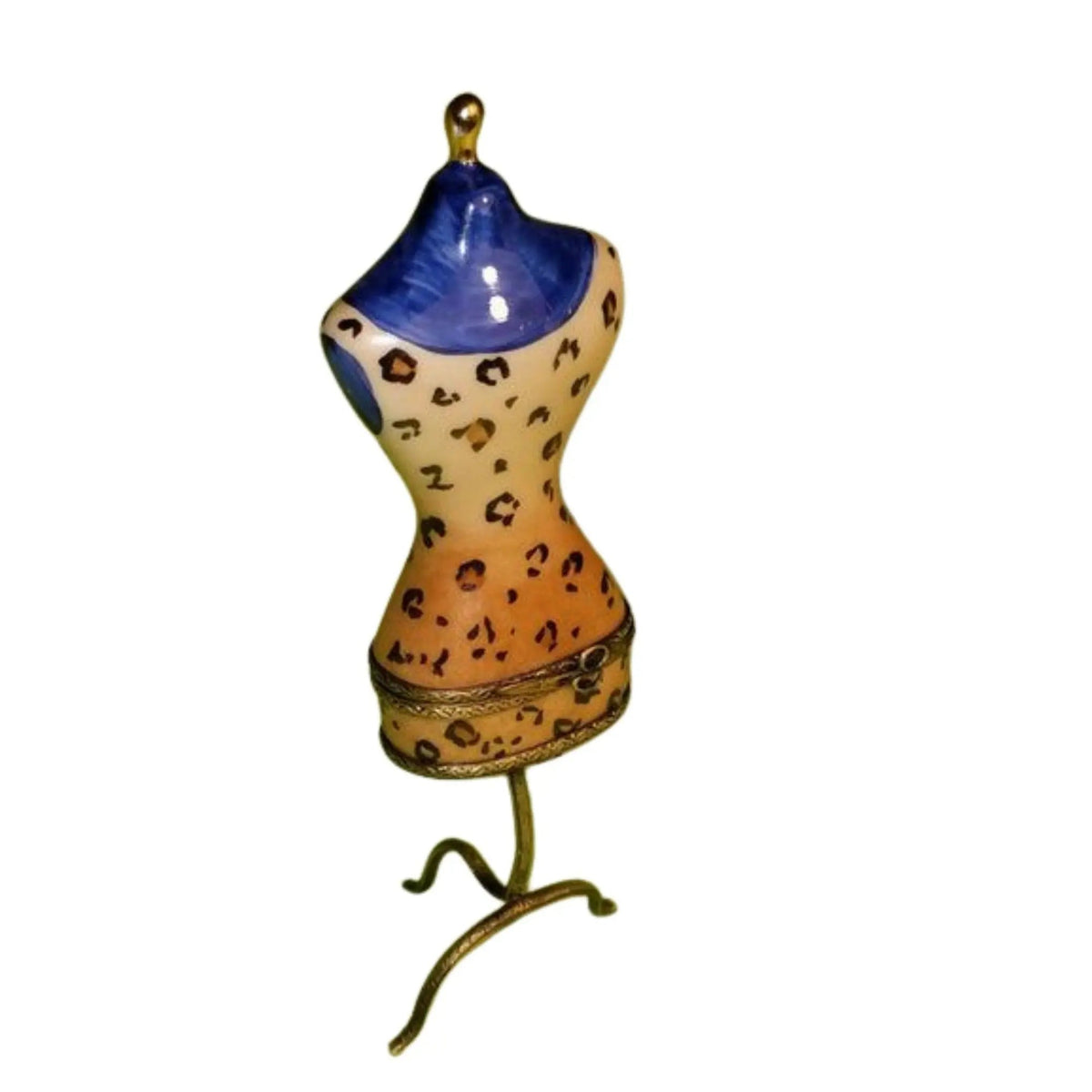 Mannequin Leapard Blue Print Fashion Dress Limoges box painted by hand in Limoges, France, a gift to treasure