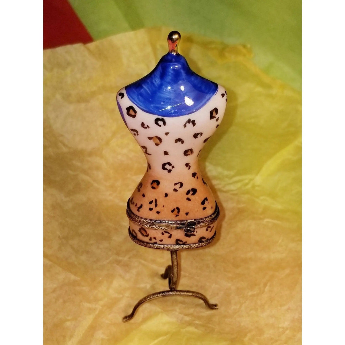 Collectible Mannequin Leapard Blue Print Fashion Dress Limoges box with artisan brushwork