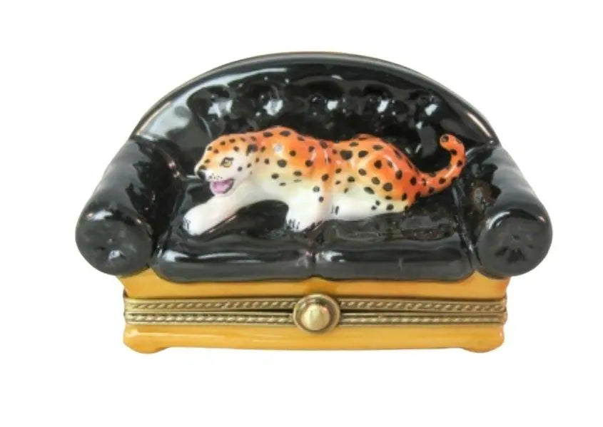 Leopard on Black Couch Porcelain Limoges Porcelain Art Object, a hand-painted Limoges porcelain gift