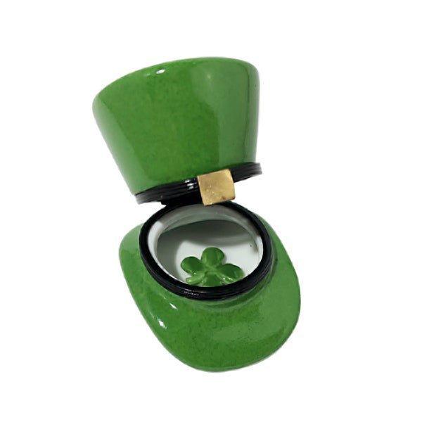 Fine French craftsmanship on the Irish Leprechaun Hat with Removable Four-Leaf Clover Limoges box, painted by hand