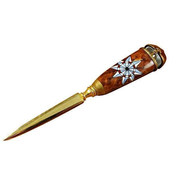 Looking inside the Letter Opener Limoges box, with its hinged lid open