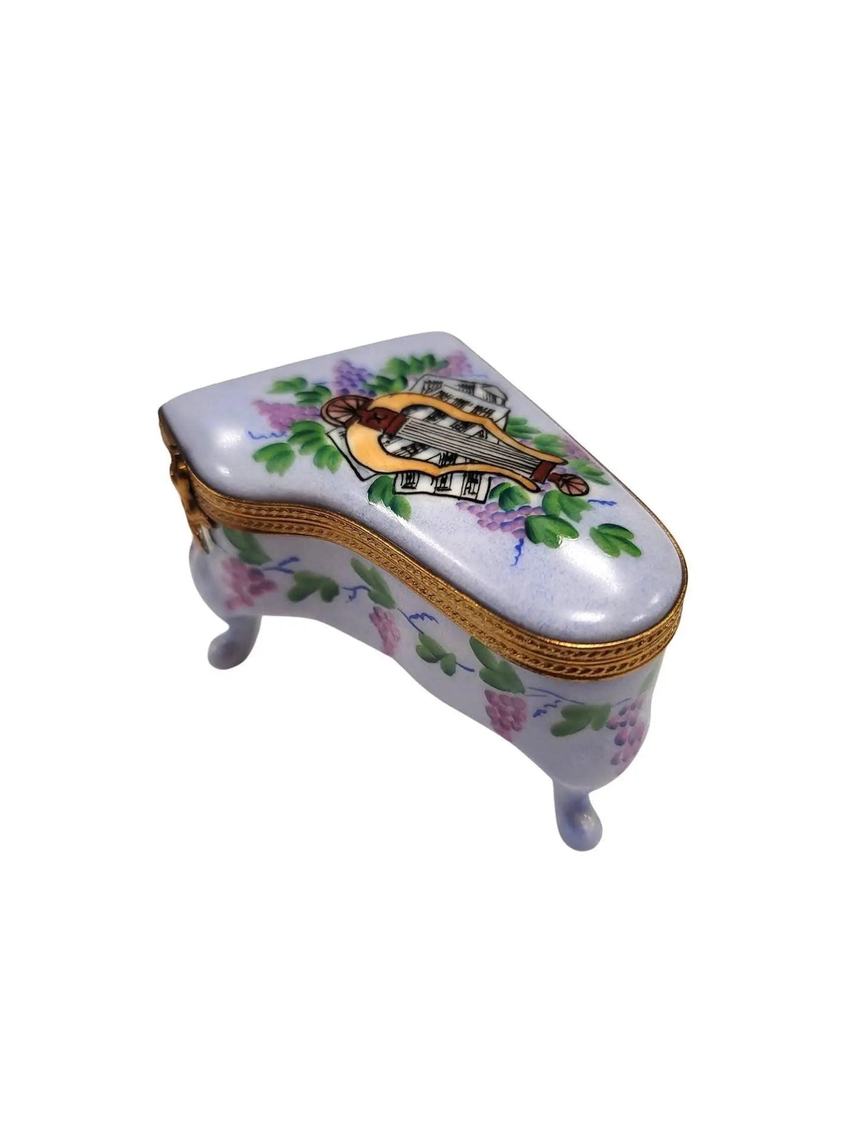 Hand-painted Light Blue Grand Piano with Flowers & Lute Limoges box, French artistry for lovers of fine art