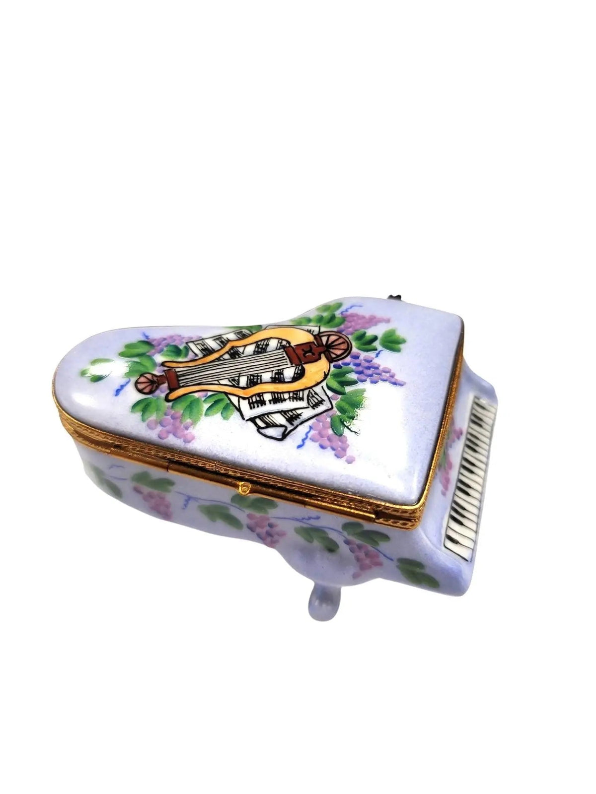 Light Blue Grand Piano with Flowers & Lute Limoges box painted by hand in Limoges, France, a gift to treasure
