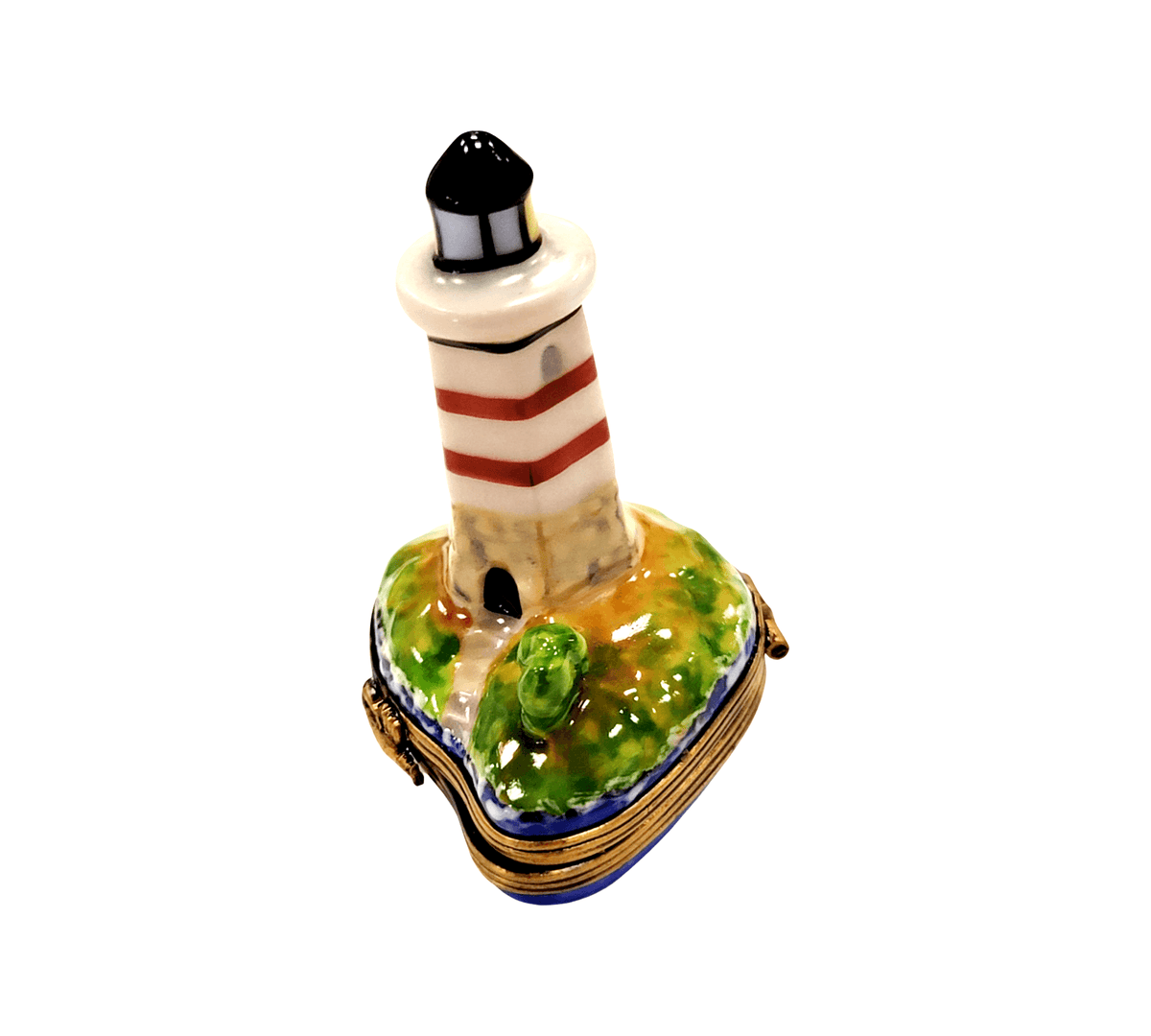 Painted details on the Lighthouse Boat on Ocean Limoges box, French art in miniature