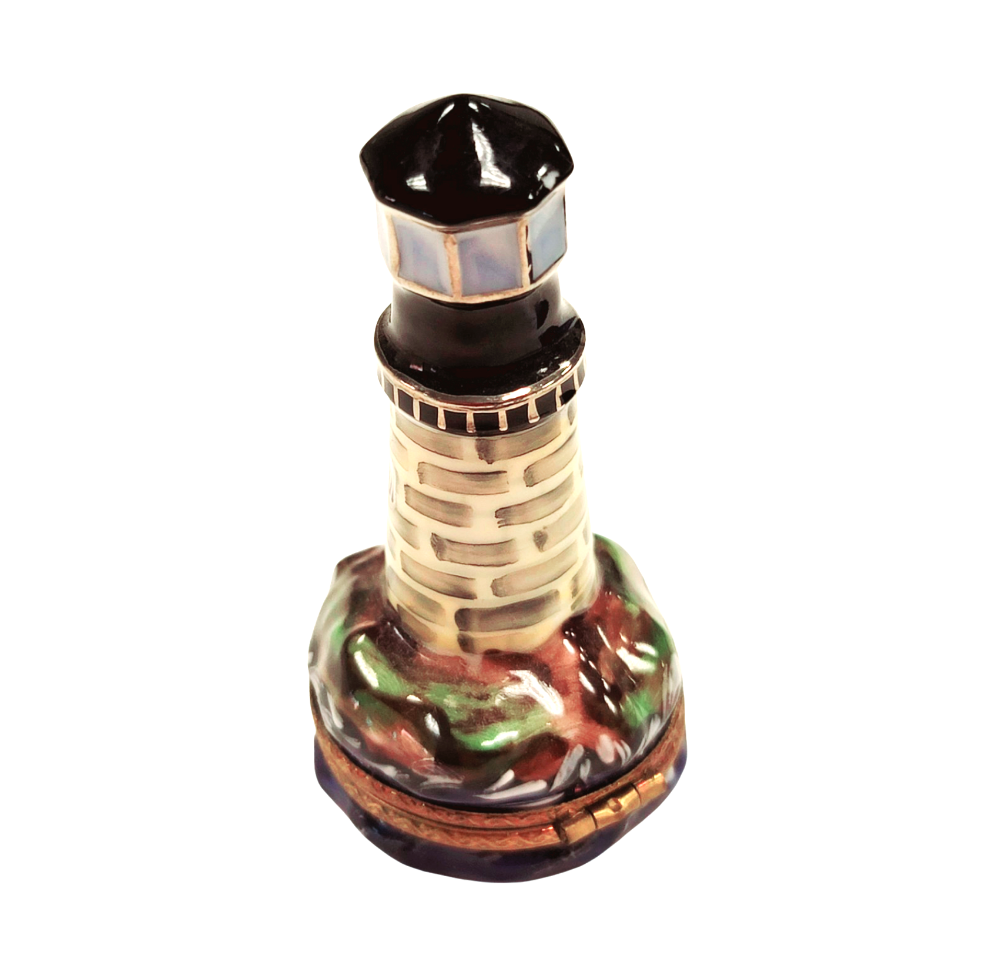 Painted details on the Lighthouse on Rocks Limoges box, French art in miniature