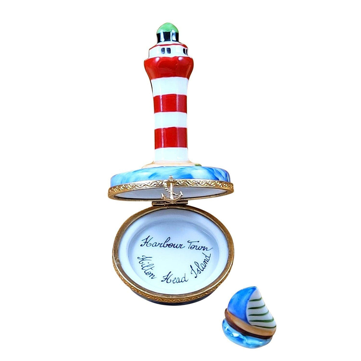 Painted details on the Lighthouse Hilton Head Island Sailboat Harbor Limoges box, French art in miniature