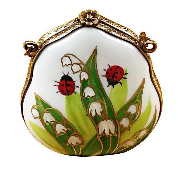 Every brushstroke by hand on the Lily of the Valley Purse with Ladybugs Limoges box from France